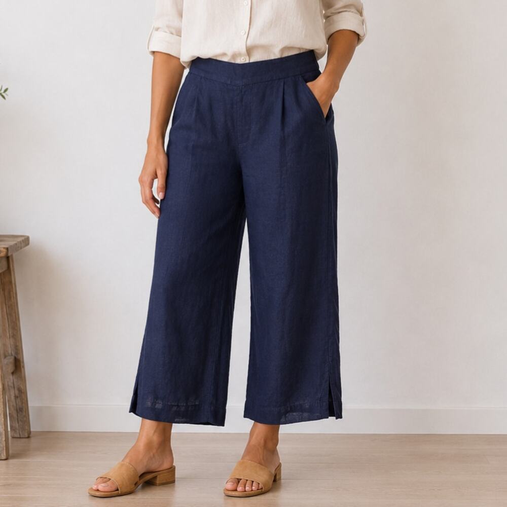 Loft Wide-Leg Chopped Linen Blend Pants Women's Size M Navy Pull-On Coastal